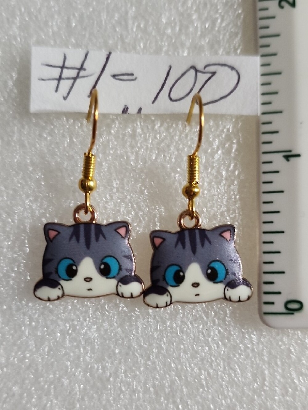 Hand Crafted Gray Cat Face Dangle Earrings with Blue Eyes - Picture 2 of 3